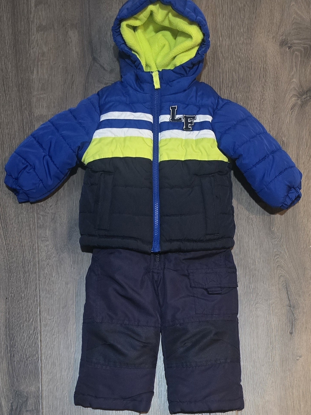 London Fog Toddler 12 Month Blue & Neon Green Puffer Jacket and Snow Pants Set